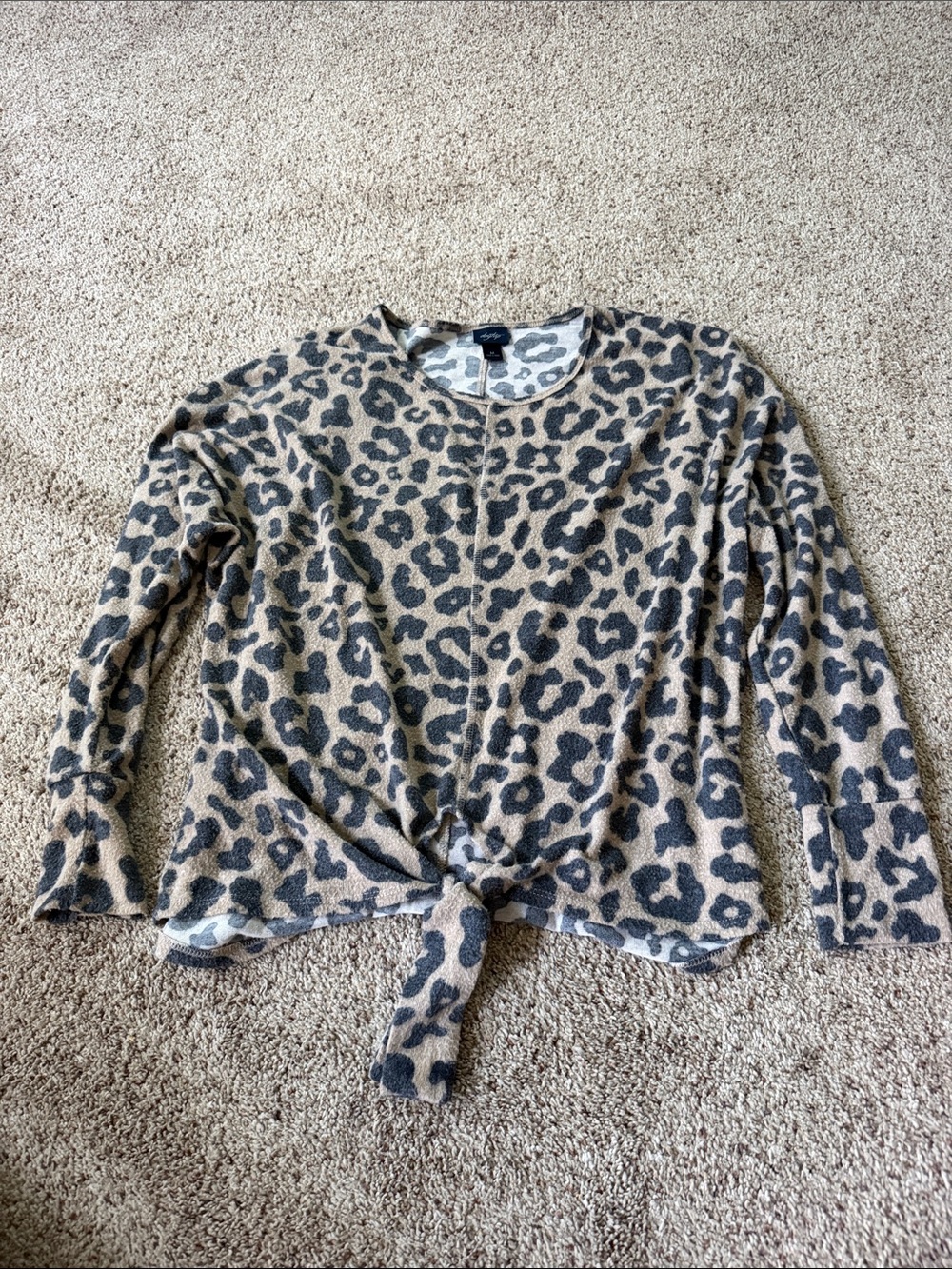 Daytrip Beige and Black Leopard Tie-Front Long Sleeve Top